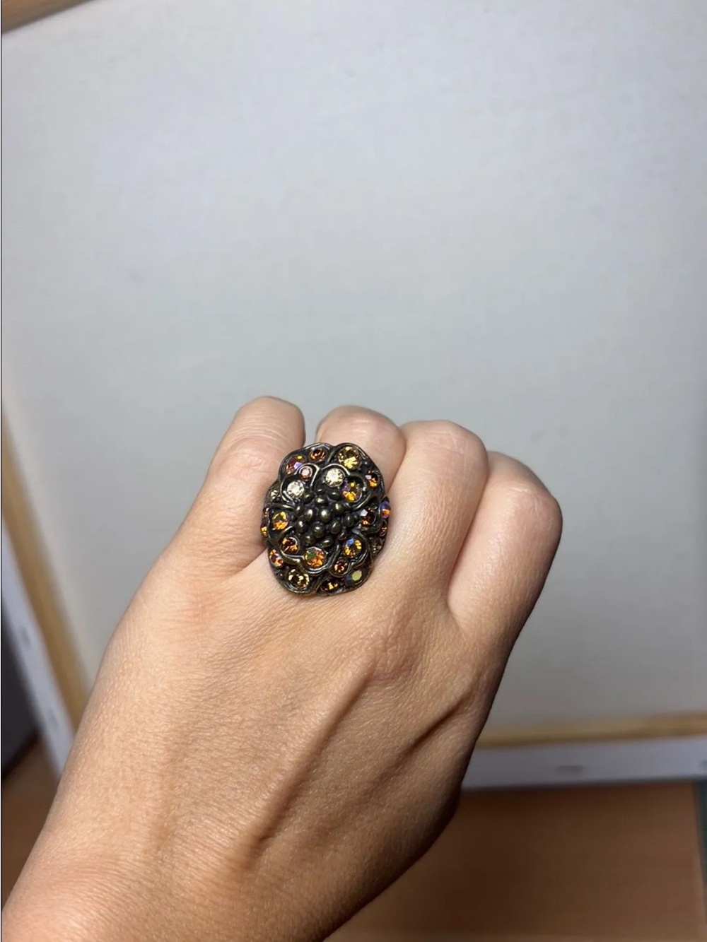 Chico's Amber and Bronze Floral Crystal Cocktail Ring